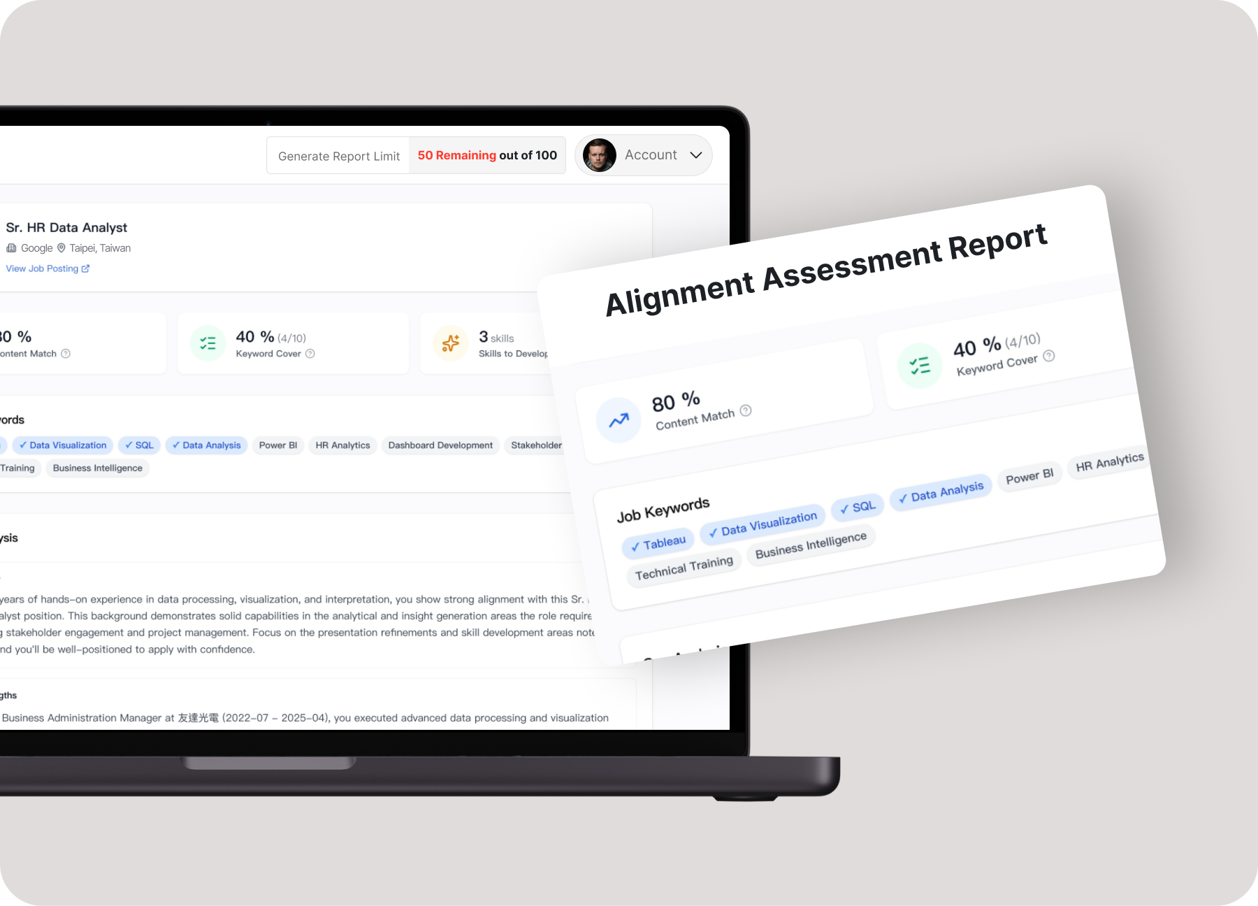 Resume alignment score analysis showing match percentage and skill breakdown